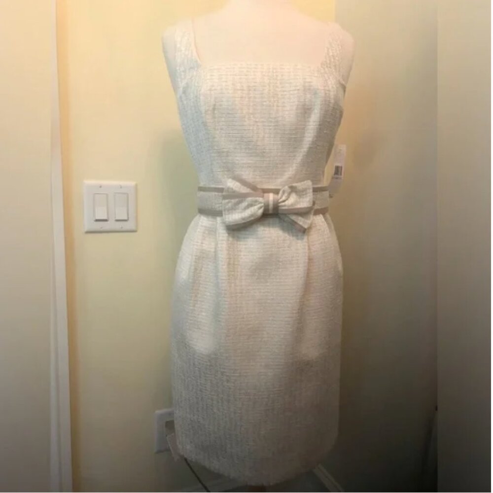 NWT Carmen Marc Valvo Cream Sleeveless Woven Dress with Matching Bow Belt